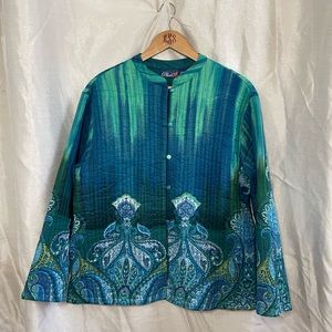 Bright Blue Boho Paisley Print Ribbed Quilted Button Down Shacket